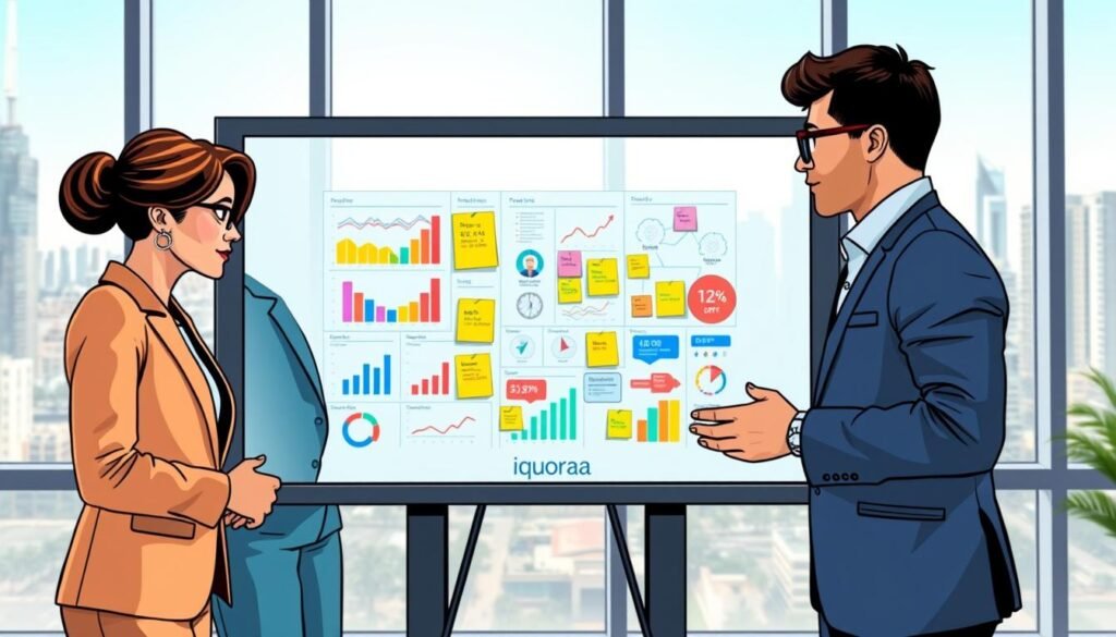 A contemporary office setting emphasizing digital marketing KPIs. In the foreground, a diverse group of three professionals in business attire—one woman in a smart blazer, one man in a crisp shirt, another woman with stylish glasses—collaborates over a large touchscreen displaying vibrant graphs and metrics related to digital marketing performance. In the middle, a whiteboard filled with colorful sticky notes and diagrams symbolizes brainstorming and strategy development. The background shows large windows revealing a cityscape of Dubai, capturing a bright, sunny ambiance with natural light flooding the room. The atmosphere is dynamic and focused, reflecting teamwork and innovation. Subtle branding of “iquoraa” appears on the touchscreen interface, enhancing the professional theme.