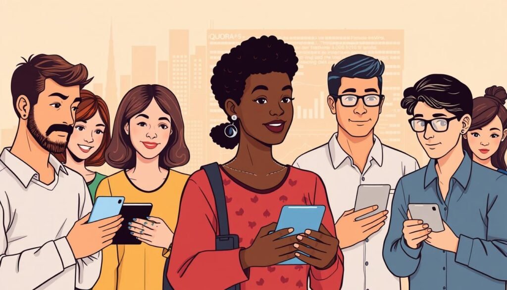 A detailed illustration of a diverse audience, their interests, and behaviors, set against a warm, modern backdrop. In the foreground, detailed character profiles with distinct personalities, ages, and cultural backgrounds, each engaged with digital devices and content. In the middle ground, a dynamic visualization of user data and analytics, conveying the nuanced understanding of the target audience. In the background, a minimalist cityscape with clean lines and muted tones, evoking a sense of sophistication and urban sensibility. Lighting is soft and natural, creating depth and dimension. The overall mood is one of insightful, data-driven understanding of the iquoraa audience.