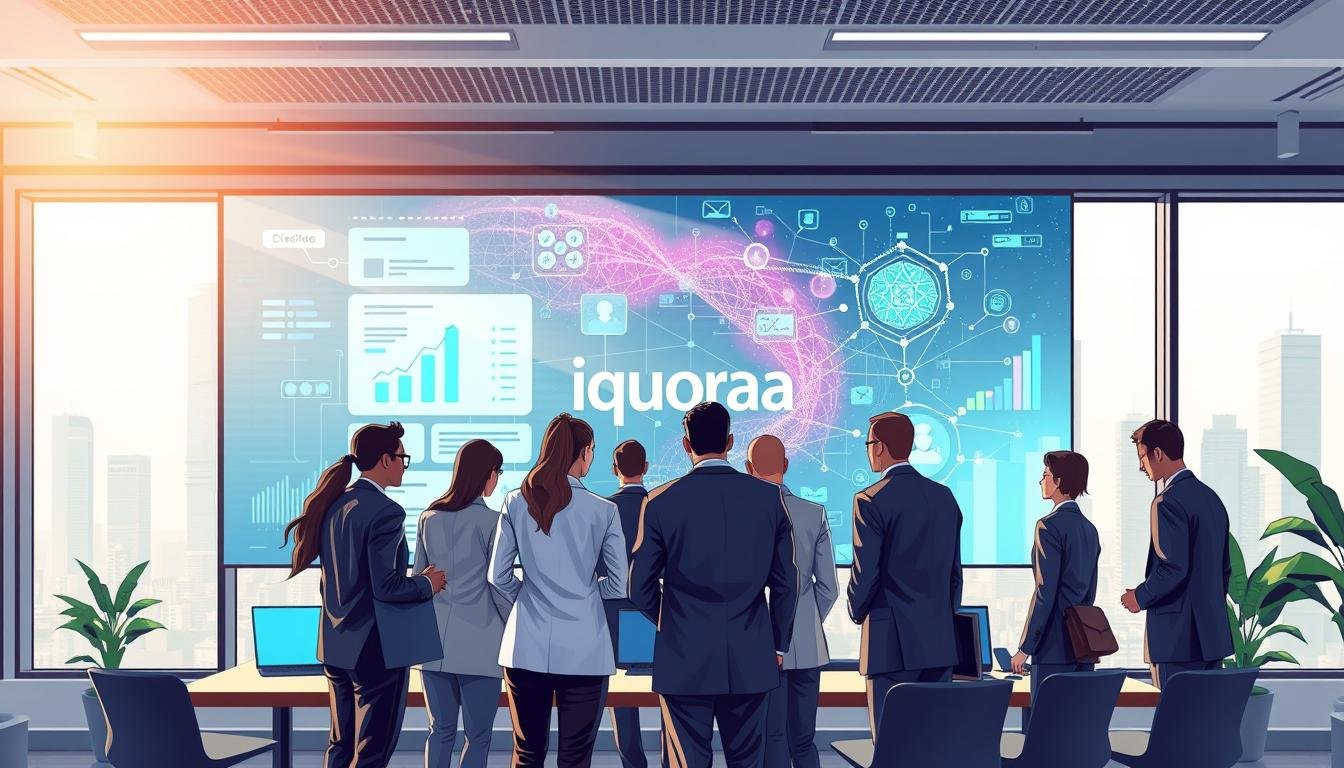 A futuristic office setting showcasing AI-driven personalization in email marketing. In the foreground, a diverse group of professionals, dressed in smart business attire, collaborate over an interactive digital display filled with analytics and creative designs. The middle ground features advanced AI algorithms visualized as vibrant, flowing data streams connecting to individualized customer profiles. In the background, large windows reveal a modern cityscape bathed in soft, natural light, enhancing the atmosphere of innovation and engagement. The image conveys a sense of creativity, teamwork, and technological advancement, emphasizing the impact of personalized email strategies. Include the brand name "iquoraa" subtly integrated into the digital display. Use a wide-angle lens to capture the dynamics of collaboration and the immersive technology at play.