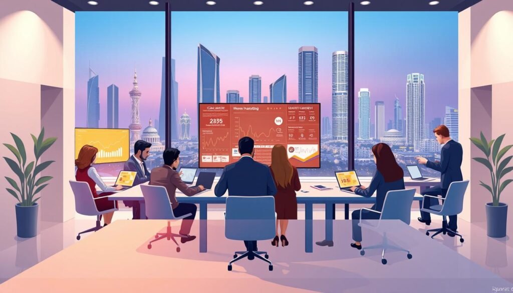 A modern digital marketing agency office in the UAE, showcasing a sleek and innovative workspace. In the foreground, a diverse group of professionals in smart business attire collaborate around a large conference table, analyzing digital marketing strategies on laptops and tablets. The middle ground features vibrant digital screens displaying graphs, social media analytics, and marketing campaigns, highlighting real-time success metrics. The background reveals a panoramic view of the UAE skyline, with tall buildings against a clear blue sky. Soft, ambient lighting enhances the professional yet creative atmosphere. The overall mood is dynamic and focused, conveying a sense of trust and capability in digital marketing. The agency's brand name, "iquoraa," is subtly represented on a digital screen.