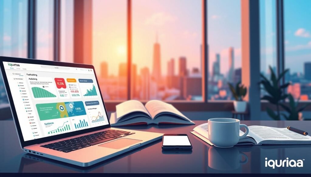 A modern, visually appealing workspace showcasing email marketing automation. In the foreground, a sleek laptop displays an email marketing dashboard with vibrant email templates and analytics graphs. Beside it, a cup of coffee sits on a stylish desk. In the middle, an array of open notebooks and a smartphone with notification alerts about successful campaigns highlight productivity. In the background, a large window reveals a city skyline bathed in warm, natural light, creating an inspiring atmosphere. The mood is energetic and forward-thinking, reflecting innovation in digital marketing. Incorporate subtle branding elements for "iquoraa" in the materials around the workspace. Use a shallow depth of field to emphasize the laptop while keeping other elements slightly blurred.