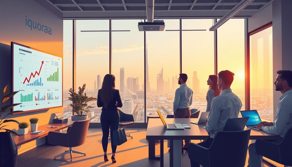 A sleek and modern digital marketing office in the UAE, showcasing a diverse team of professionals engaged in a brainstorming session. In the foreground, a confident woman in business attire presents digital graphs on a large screen, with colleagues attentively listening. The middle ground features a collaborative workspace with stylish furniture, laptops, and marketing materials. In the background, expansive windows reveal a panoramic view of Dubai's iconic skyline, bathed in warm afternoon sunlight. The atmosphere is dynamic and innovative, reflecting the fast-paced nature of digital marketing. Include the brand name "iquoraa" tastefully displayed on a wall. Capture the essence of teamwork and professionalism in a contemporary setting, focusing on clarity and sharpness with a subtle depth of field.