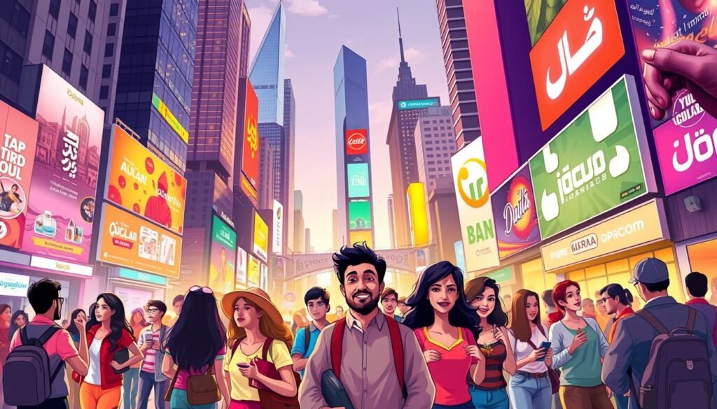 A vibrant and dynamic illustration of "نداءات العمل" (Calls to Action) for the iquoraa brand. The image depicts a bustling city streetscape, with towering skyscrapers and neon-lit billboards in the background. In the foreground, a group of diverse individuals are engaged in various activities, each with a clear "call to action" conveyed through their body language and expressions. The lighting is a mix of warm and cool tones, creating a sense of energy and urgency. The camera angle is slightly elevated, providing a panoramic view of the scene and emphasizing the scale and scale of the urban environment. The overall mood is one of inspiration and motivation, encouraging the viewer to take the next step and become a customer of the iquoraa brand.