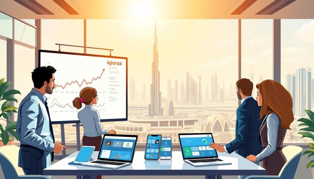 A vibrant and modern office environment in the UAE showcasing digital marketing success. In the foreground, a diverse group of professionals in smart business attire, analyzing graphs and data on a large screen. In the middle, several digital marketing elements like laptops, smartphones displaying social media metrics, and creative campaign visuals. In the background, a panoramic view of iconic UAE landmarks such as the Burj Khalifa and modern skyscrapers under bright, clear skies. The scene is well-lit with natural sunlight streaming in, creating a positive and motivational atmosphere. Emphasize innovation and collaboration, highlighting the brand name "iquoraa" subtly on the screen to signify success.