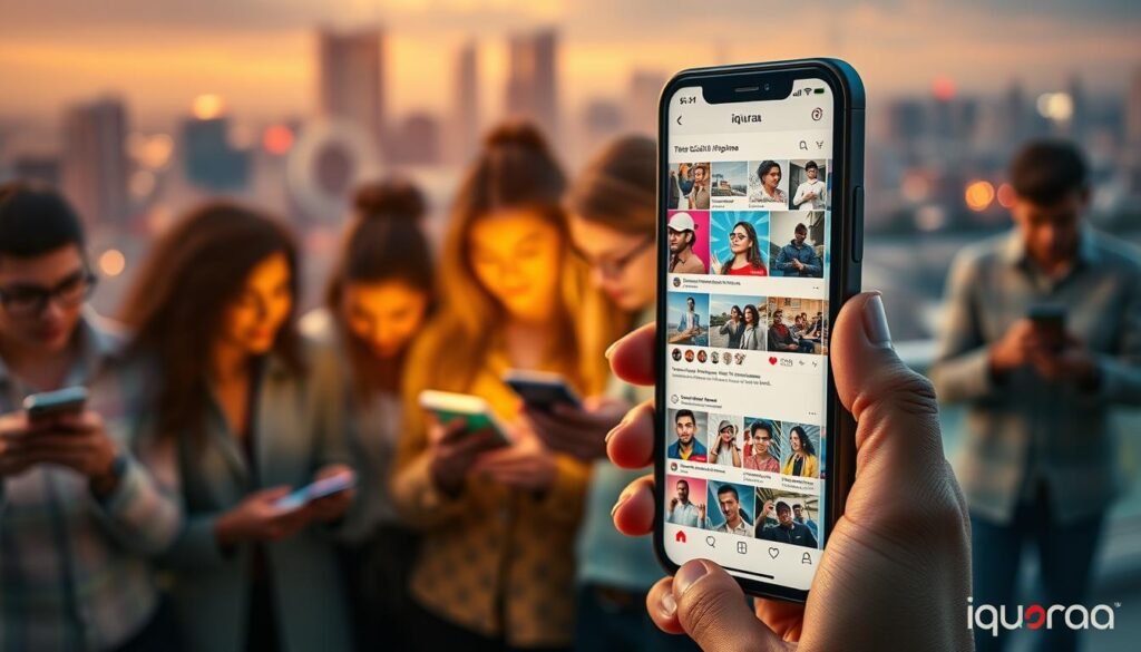 A vibrant social media advertisement for the iquoraa brand, showcasing a captivating array of visual elements. In the foreground, a smartphone displays a dynamic feed of engaging social media posts, with eye-catching graphics and carefully curated content. The middle ground features a group of diverse individuals, each immersed in their digital devices, representing the target audience. In the background, a blurred cityscape sets the scene, hinting at the global reach and ubiquity of social media platforms. Warm, complementary lighting accentuates the polished, professional aesthetic, conveying a sense of modern, trendy appeal. The overall composition strikes a balance between technology, community, and the power of effective social media marketing for the iquoraa brand.