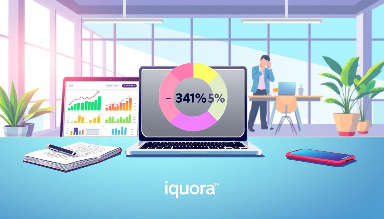 A visually appealing and modern workspace to illustrate "Email Marketing ROI". In the foreground, a sleek laptop displays a colorful dashboard with graphs indicating rising email engagement and sales metrics. Beside it, a notepad with handwritten notes and a smartphone showing notifications, representing positive consumer engagement. The middle layer showcases a stylized, semi-transparent pie chart overlay highlighting percentage gains attributed to email marketing. In the background, a bright office environment with large windows allowing natural light, plants, and a professional team collaborating, dressed in business attire. The color palette should be vibrant yet professional, conveying optimism and growth. Overall, a motivating atmosphere that emphasizes the importance of email marketing, completed with the brand logo "iquoraa" subtly integrated into the workspace setup.