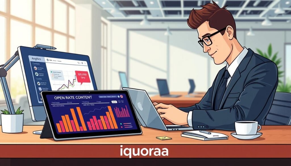 A visually engaging workspace focused on email content optimization for marketing, featuring a professional businessperson dressed in smart attire, intently reviewing email drafts on a sleek laptop. In the foreground, vibrant graphs and analytics charts depicting open rates and engagement metrics are displayed on a digital tablet. The middle layer showcases a stylish desk adorned with stationery, a cup of coffee, and post-it notes with brainstorming ideas. The background features a modern office environment with soft, natural lighting filtering through large windows. The atmosphere is one of productivity and creativity, emphasizing the strategic approach to crafting high-converting email content. The brand name "iquoraa" subtly incorporated into the modern decor elements.