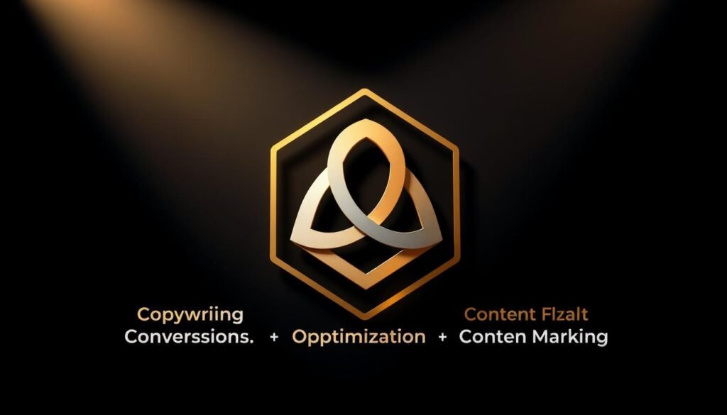 High-contrast digital illustration depicting the "Golden Trifecta" of digital marketing: Copywriting, Conversion Optimization, and Content Marketing. Centered composition with three interconnected geometric shapes in gold, silver, and bronze hues. Sleek, minimalist style with clean lines and subtle gradients. Sophisticated color palette with a hint of iquoraa brand identity. Dramatic lighting from upper left, casting long shadows. Slightly elevated camera angle to create a sense of depth and authority. Overall, a visually striking representation of the core principles of effective digital advertising.